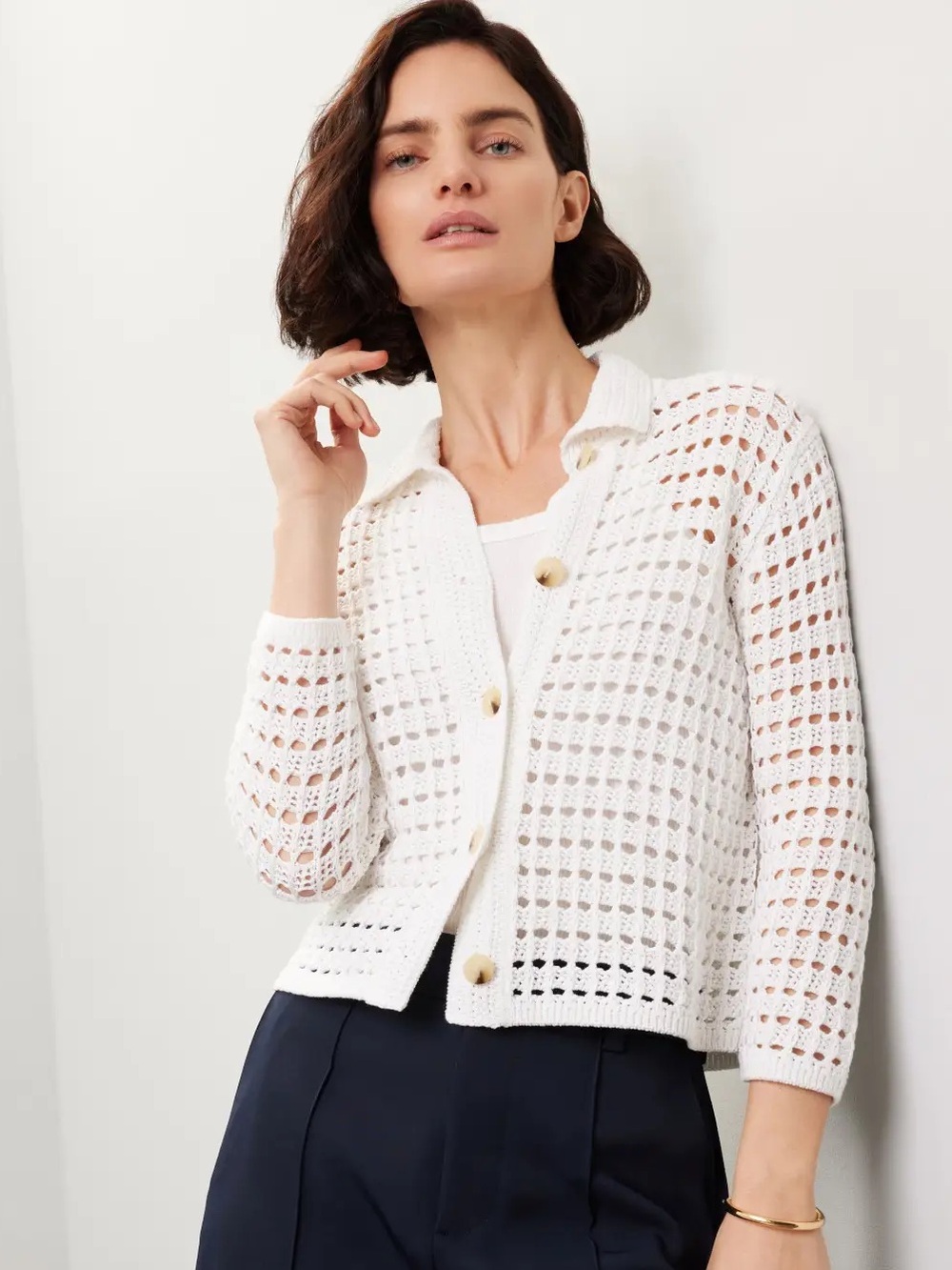 Vince White Open Crochet Knit Polo Cardigan Top